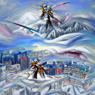 Hyperrealistic Swordfight Atop Snowy Mountain