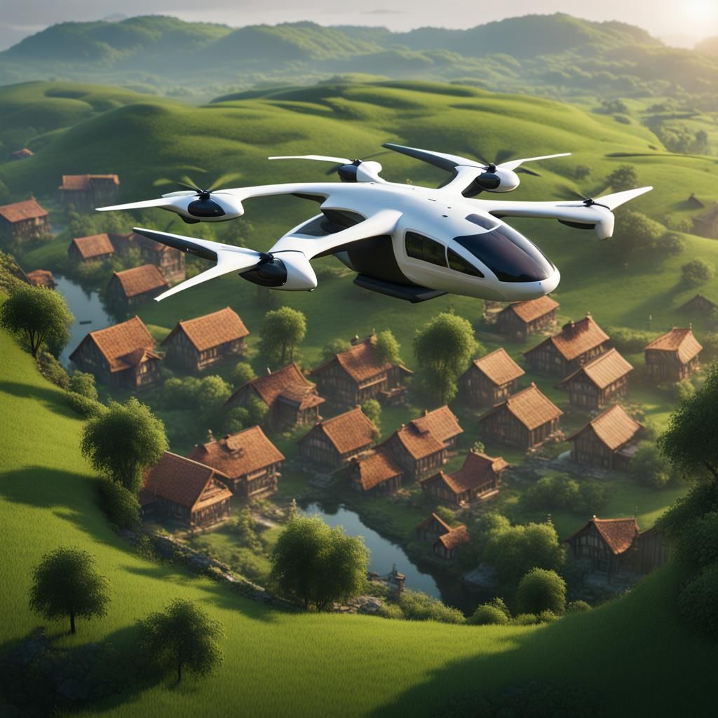 EVTOL Aircraft Over Green Countryside: Detailed Matte Painti...