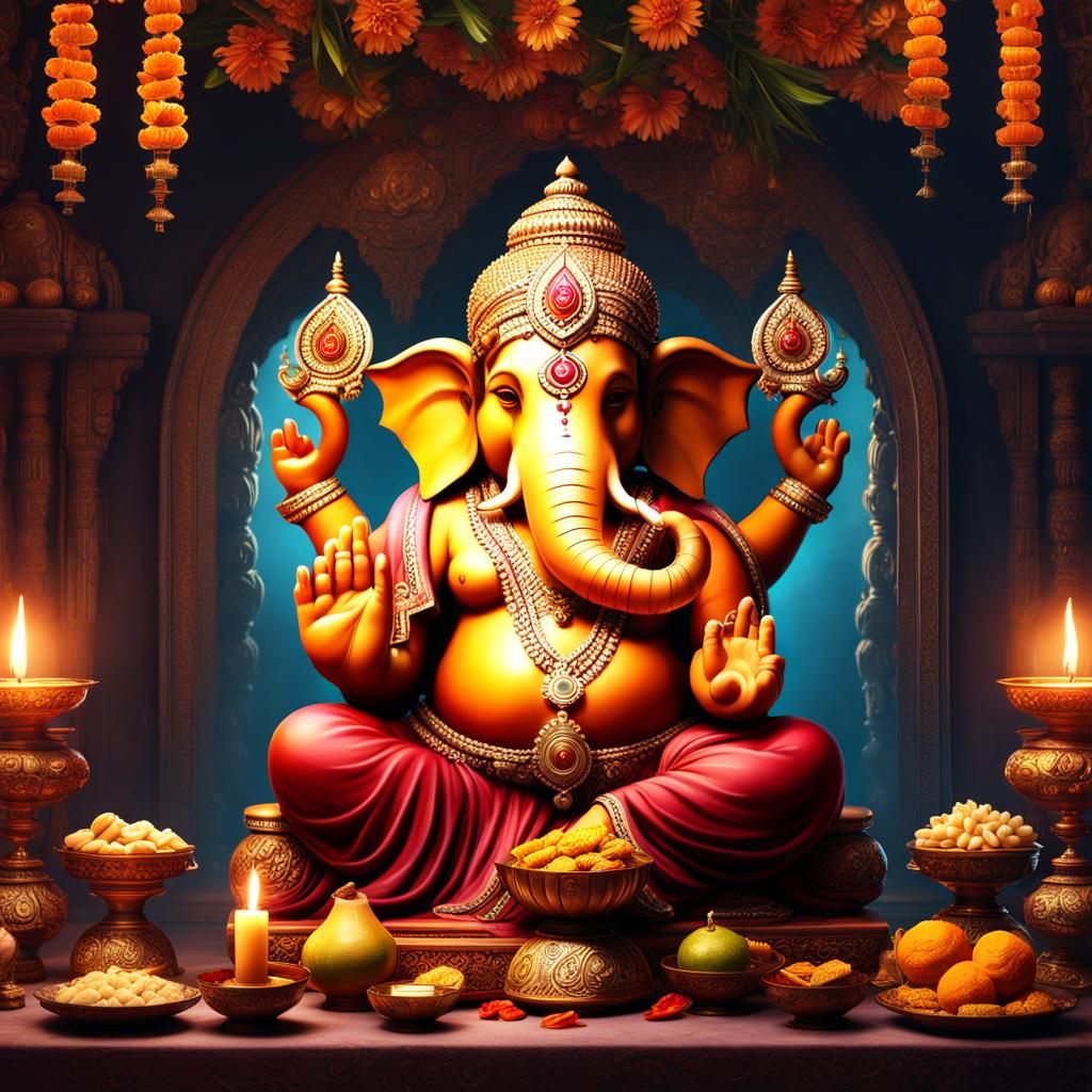 Lord Ganesha on Throne with Offerings, Detailed Digital Pain...