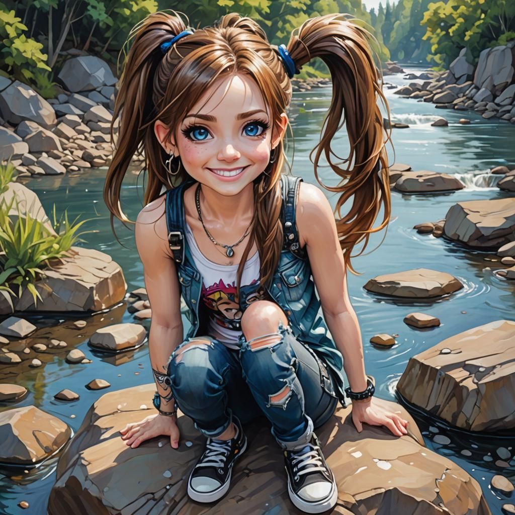 Chibi Punk Girl Watching River: Vibrant Painting
