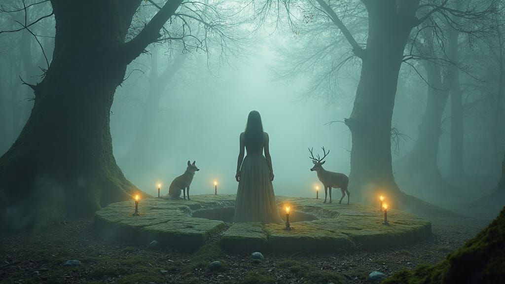 Ancient Forest Ritual with Animal Spirits as Oil Painting