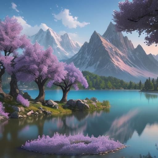 Ancient Lilac Tree with Lake: 3D Anime Art