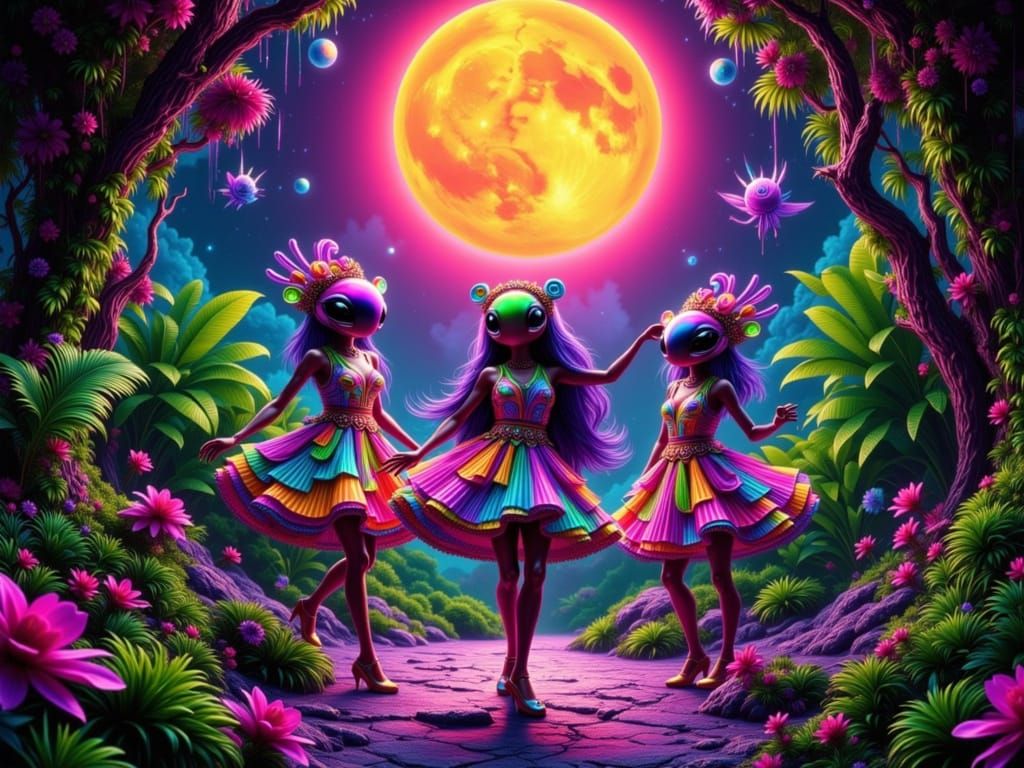Neon Alien Dance in a Prismatic Forest