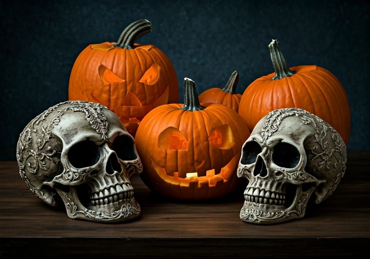 Eerie Still Life: Pumpkins and Skulls in Natural Light