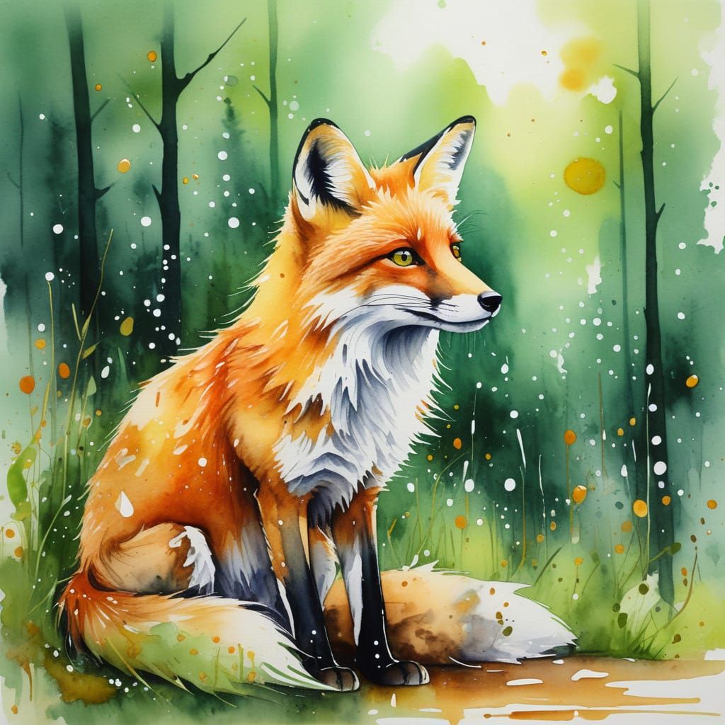 Fox in Splendid Watercolour, Amber Eyes, Blurred Forest