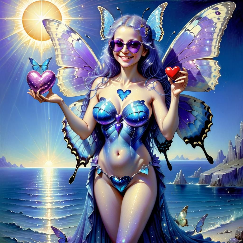 Butterfly Winged Aquarius Woman with Heart Present