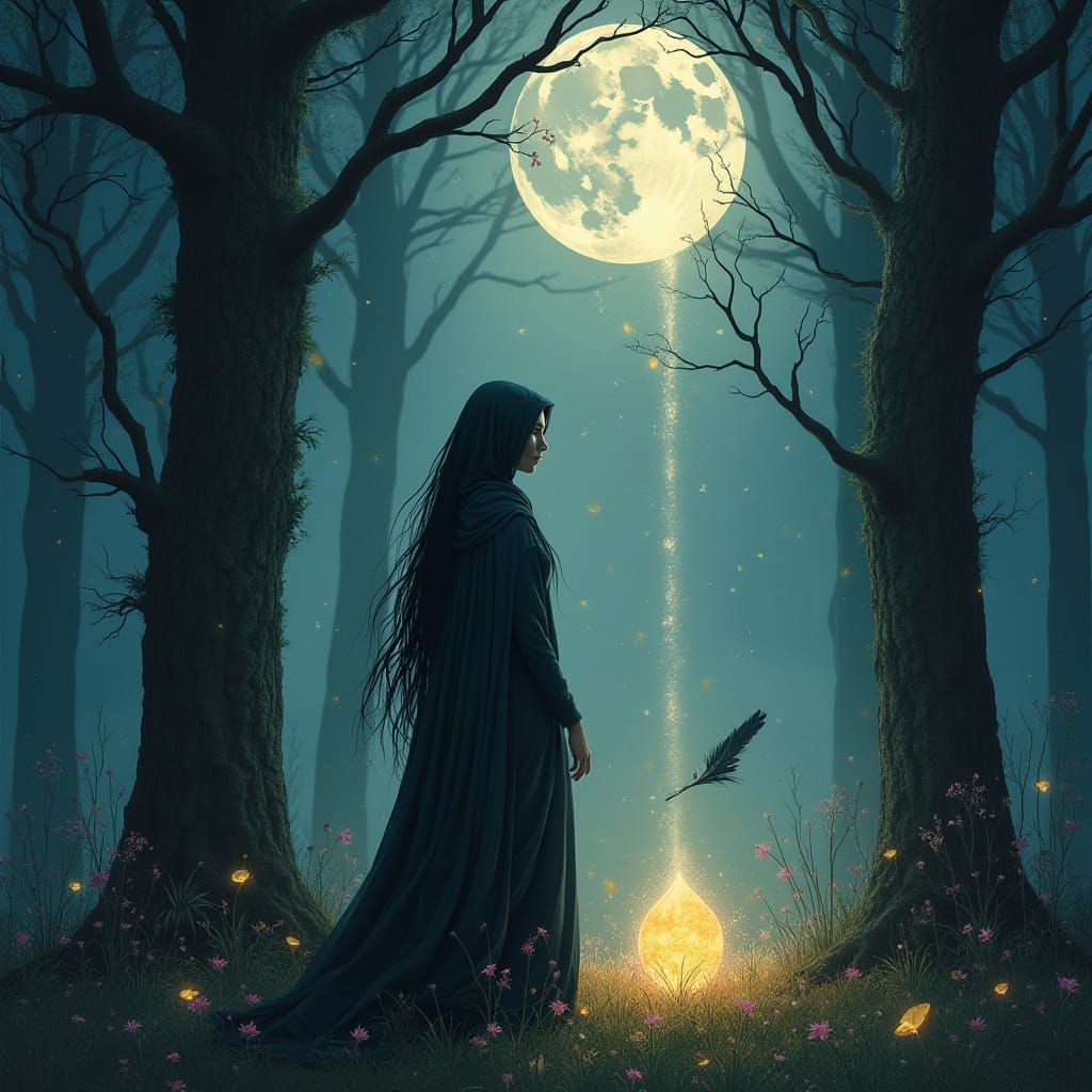 Ethereal Cloaked Figure in Moonlit Forest