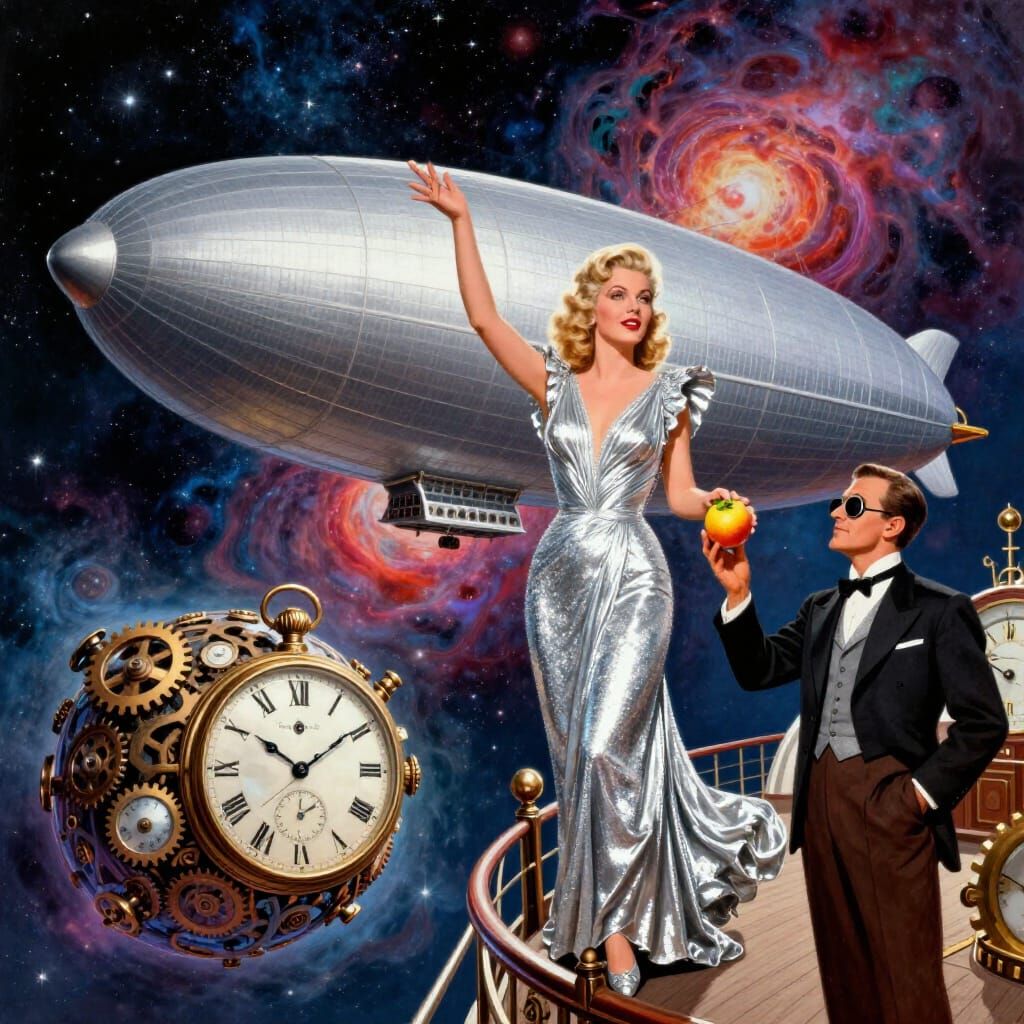 Vintage Siren on Airship Above Clockwork Planet