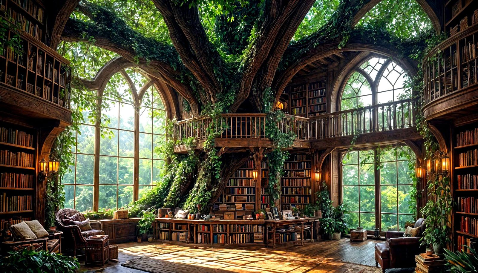 Enchanted Elven Library in Ancient Oak Tree