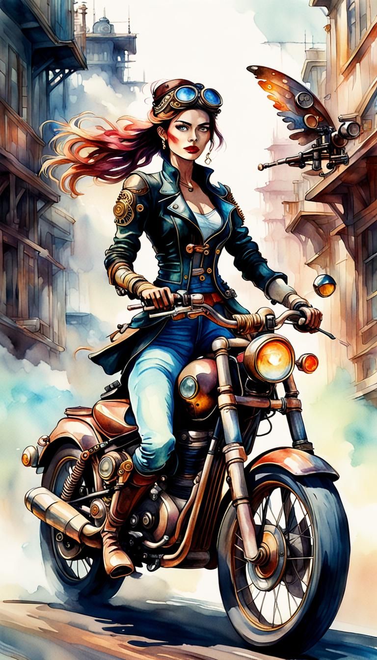 Woman on a motorcycle (Steampunk art)