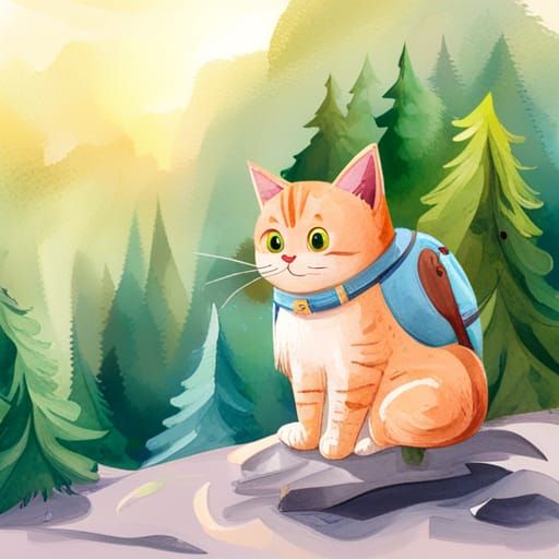 Cartoon Gray Cat Hiking in Watercolor Forest