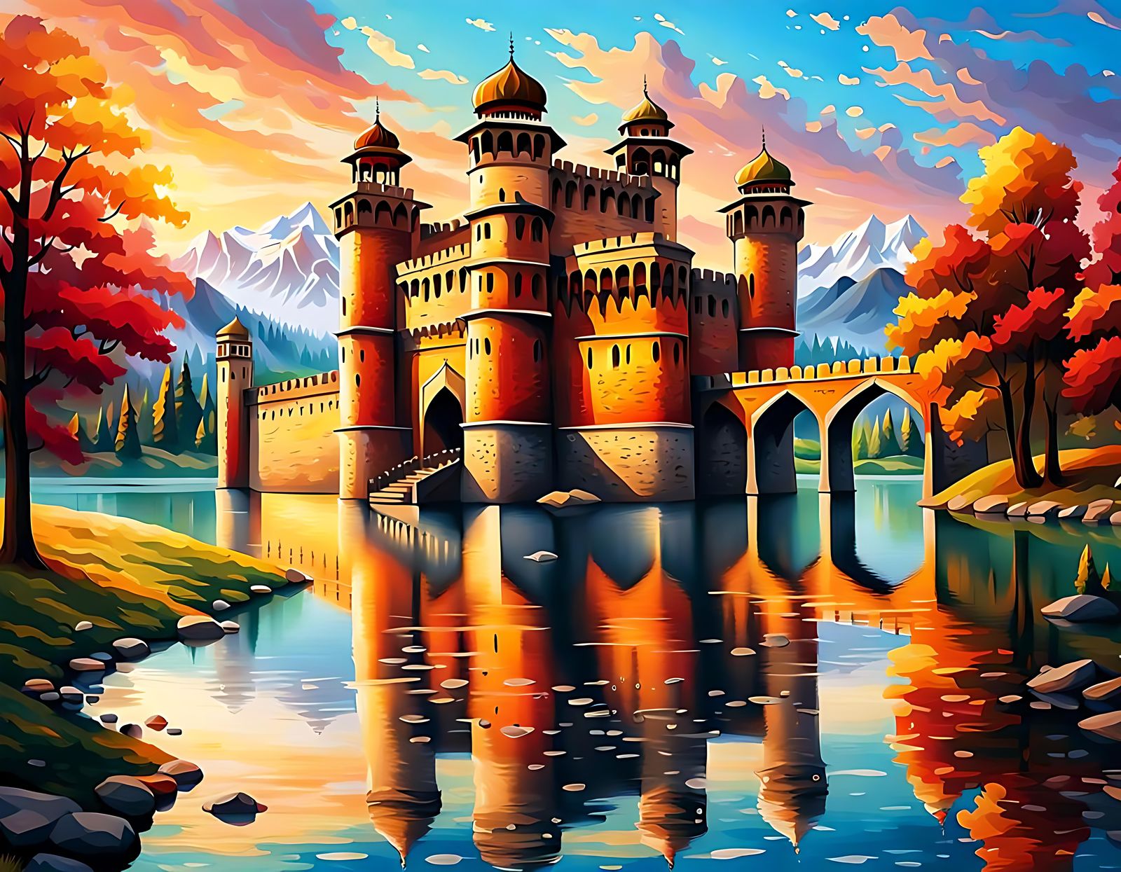 Majestic Kashmir Castle at Sunset: Oil Painting