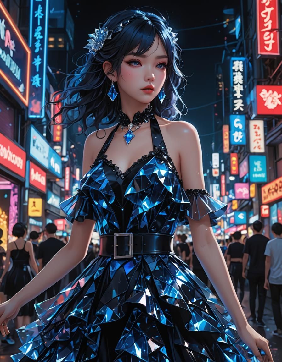 Blue Gothic Dress Amidst Neon Lights as Anime Art