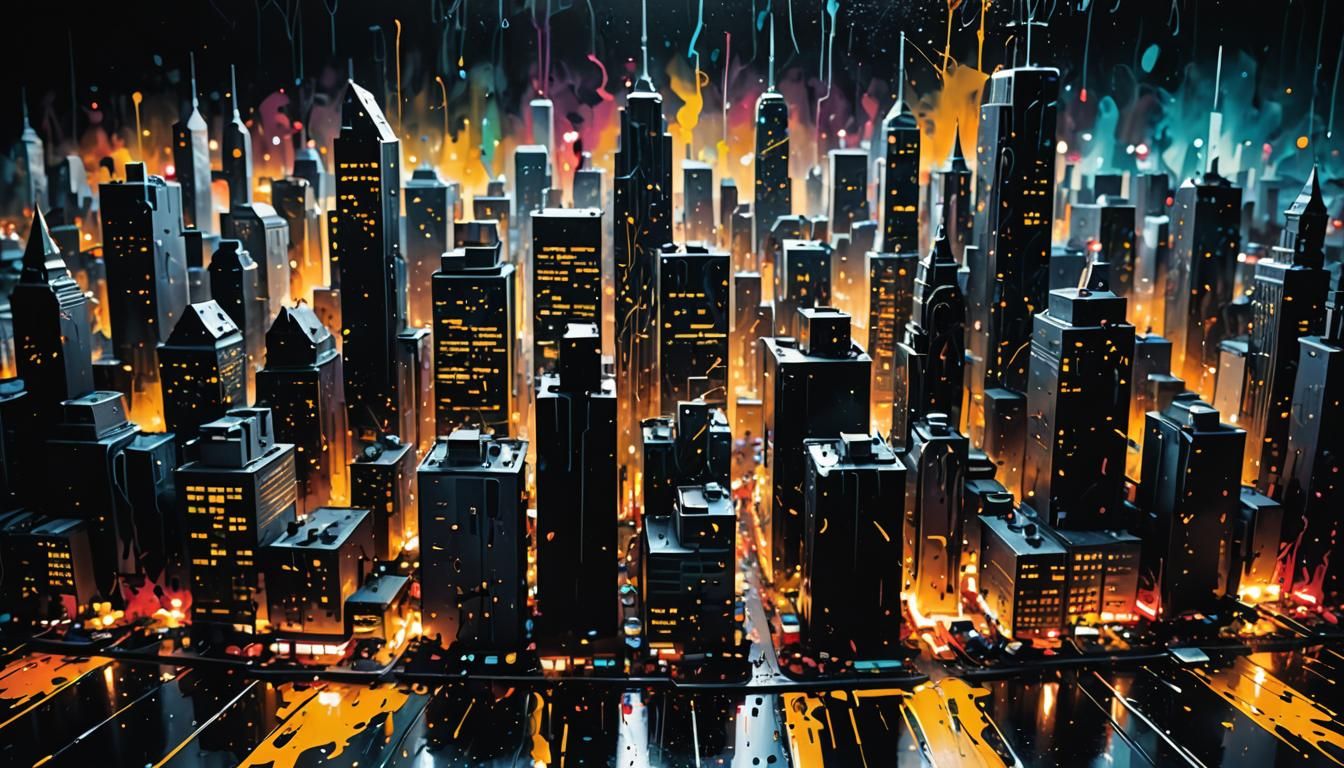 Futuristic Cityscape in Ink Splatter Abstract Expressionism