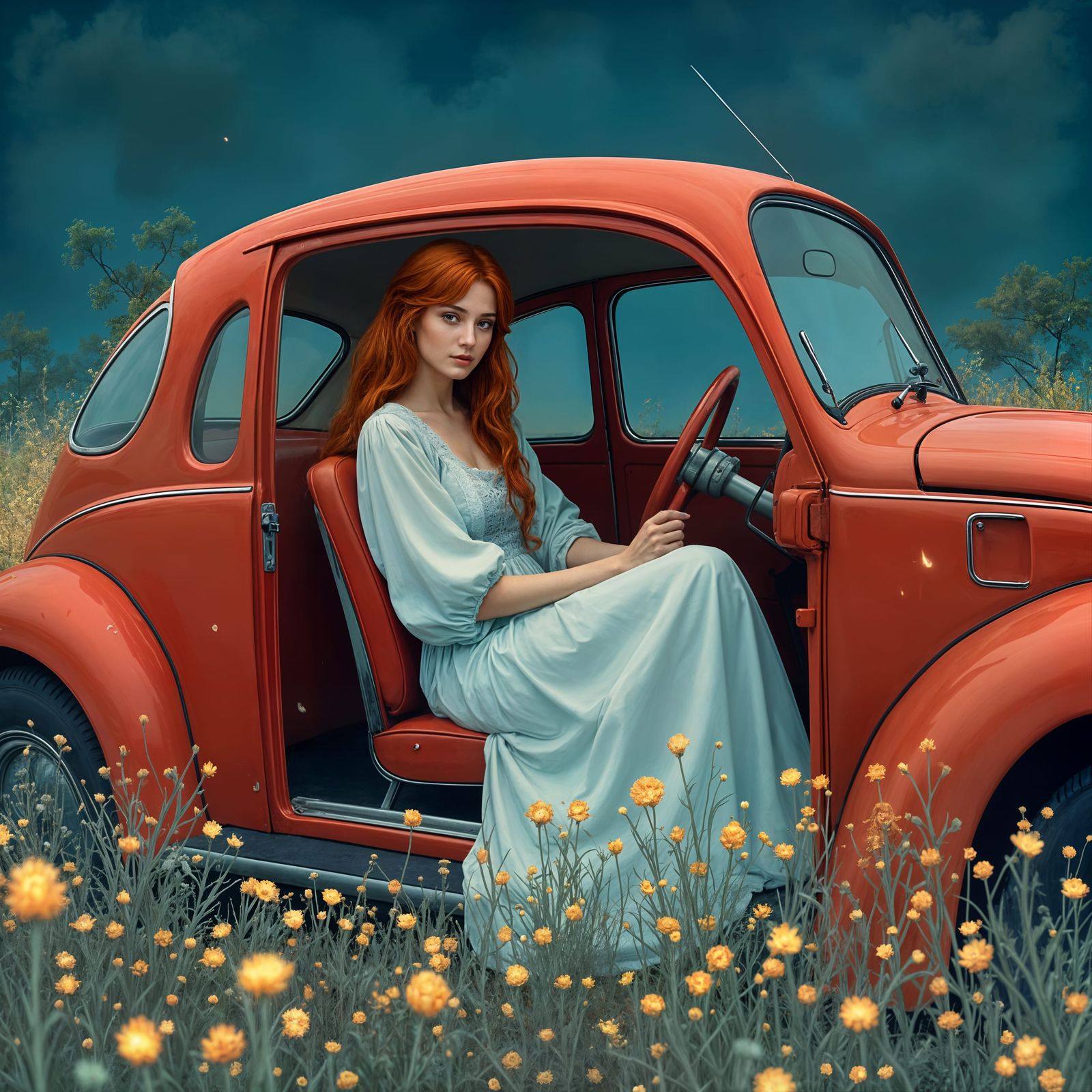 Mysterious Woman in Bioluminescent Field, Watercolor Style