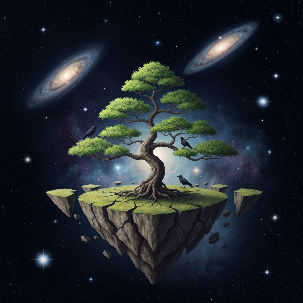 Cosmic Bonsai Tree with Bioluminescent Ravens