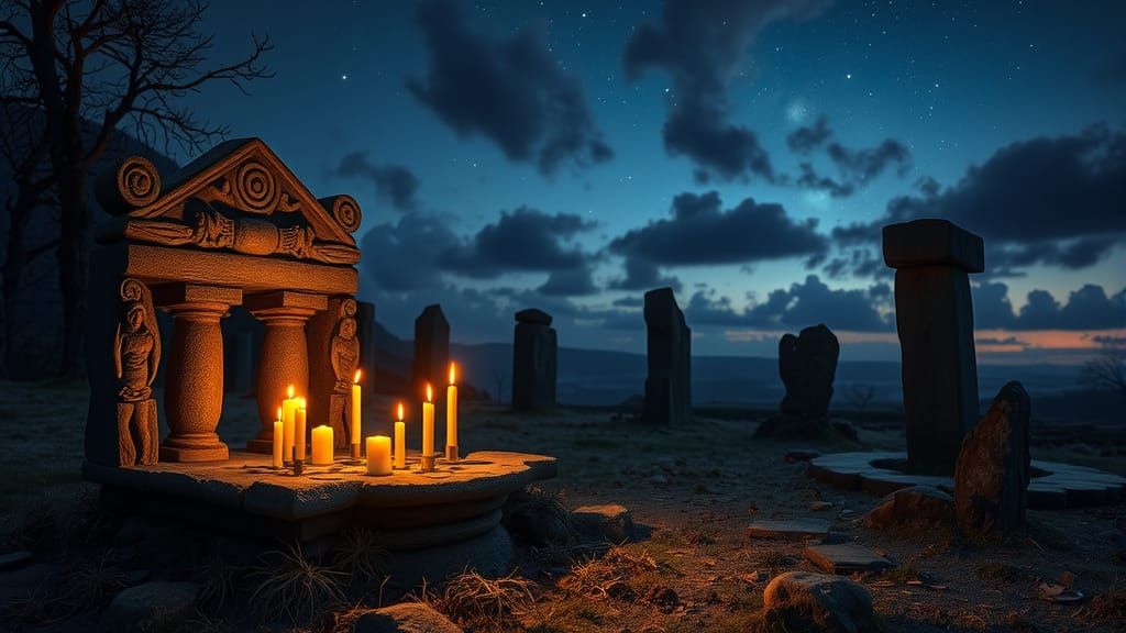 Ancient Celtic Altar Illuminated by Burning Candles Under a ...