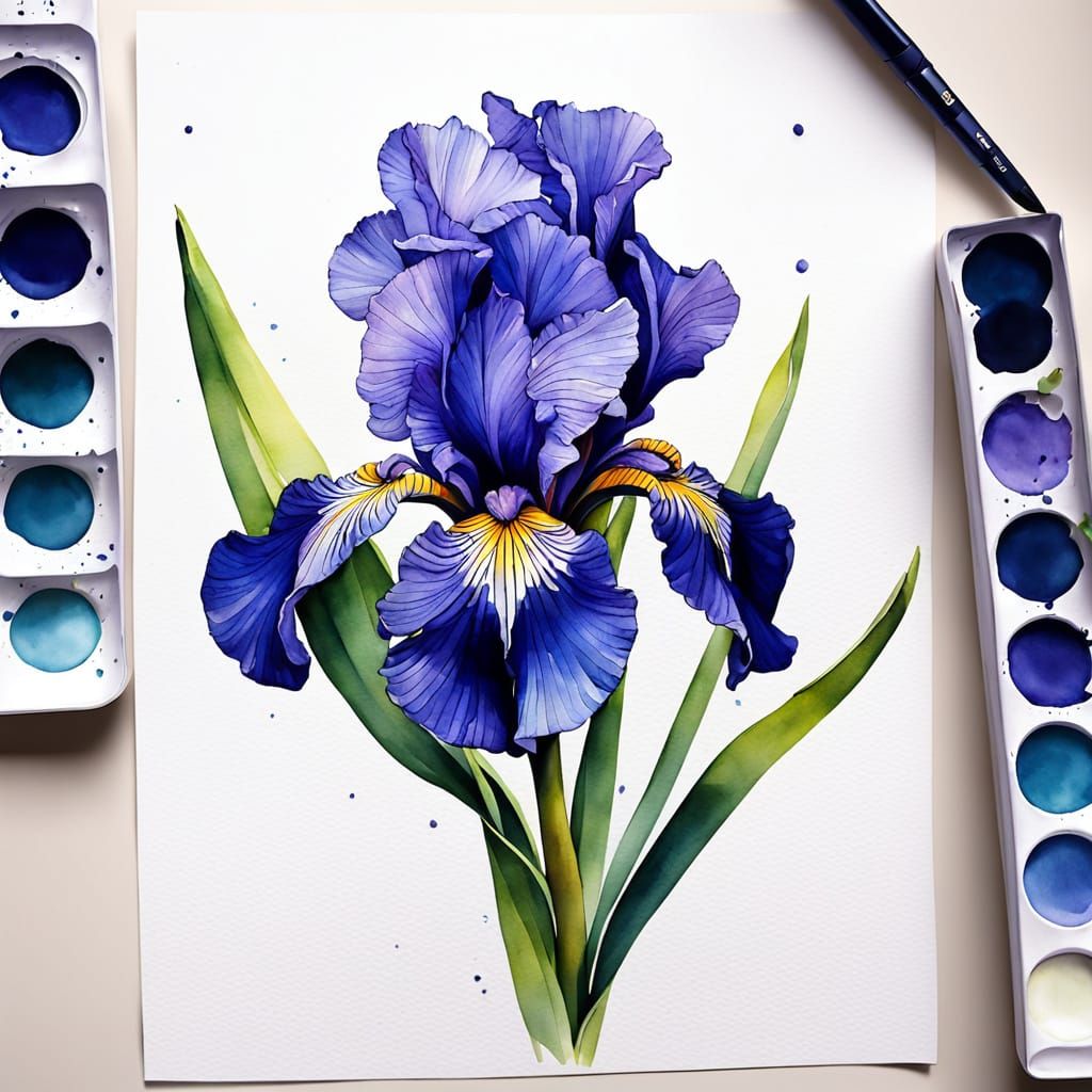 Watercolor Painting of a Cartoon Indigo Iris