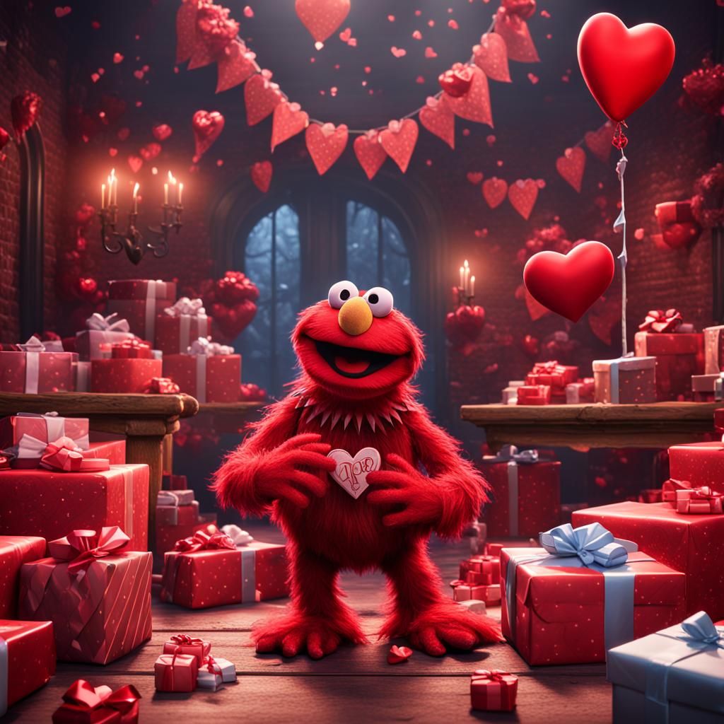 Big red muppet monster with valentine presents