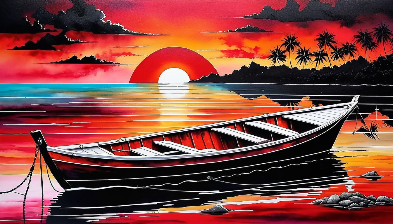 Alcohol Ink Boat Painting in Floral Sunset