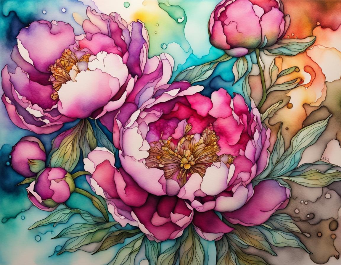 Peonies in Watercolor and Ink with 3D Effect