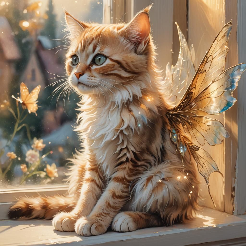 Kitten Fairy Portrait in Waterhouse Style