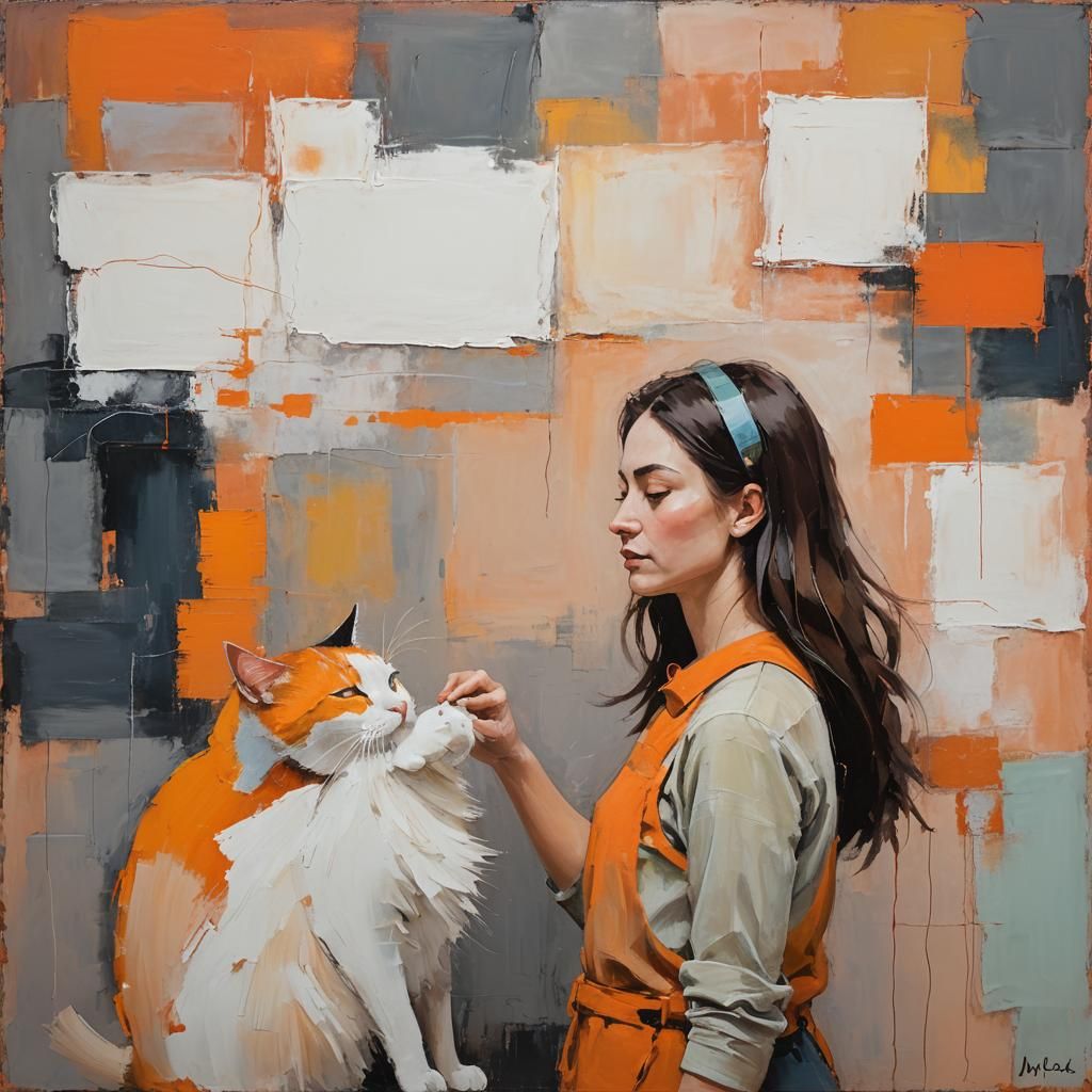Girl and Cat in Abstract Expressionism Style