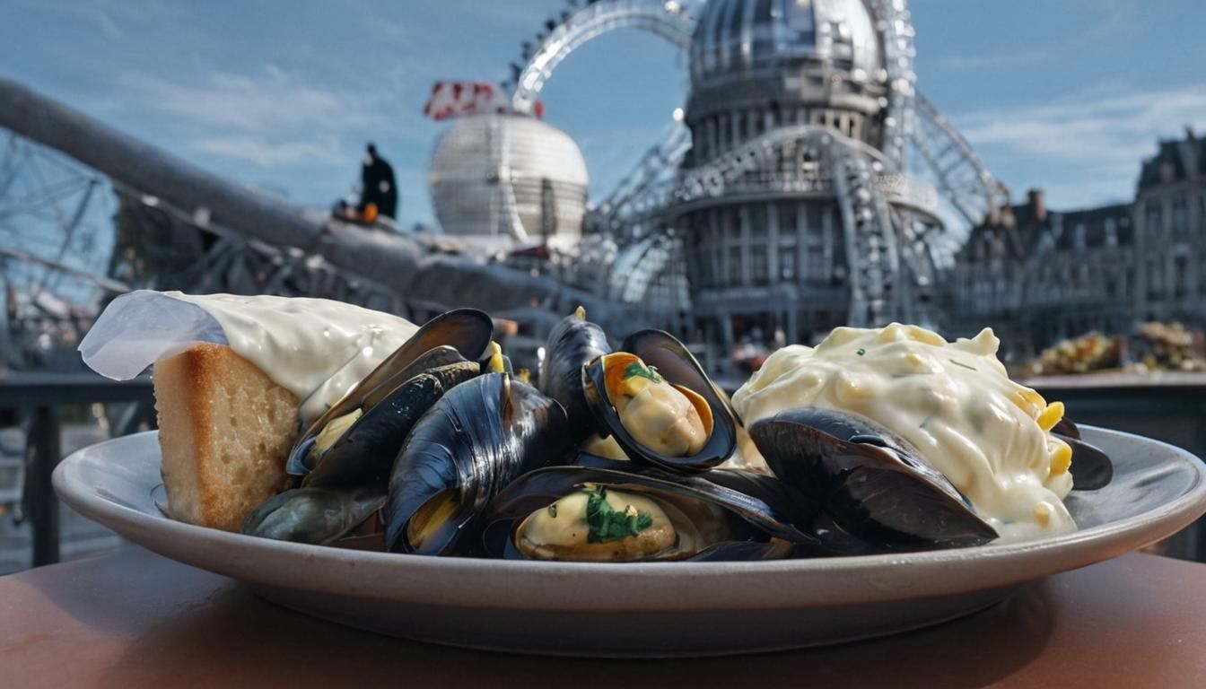 Steamed Mussels with Atomium in Cinematic Style