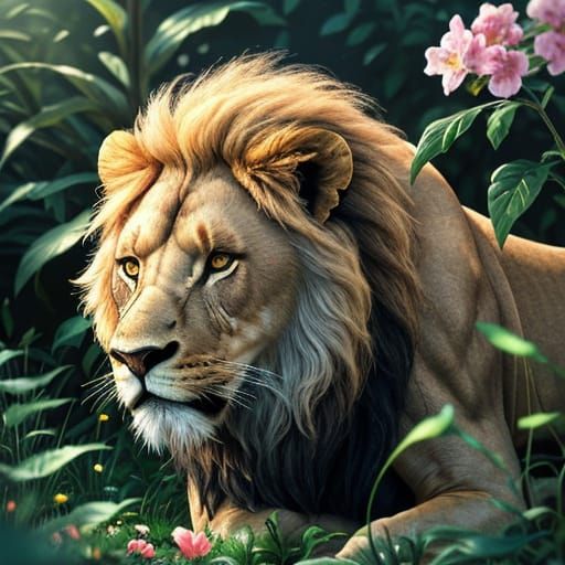 Lion with Metallic Fingers Examines Flower