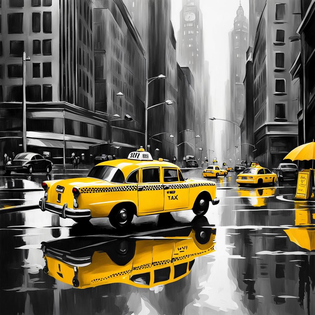 Color Splash: Yellow Taxi in Rainy Grayscale City