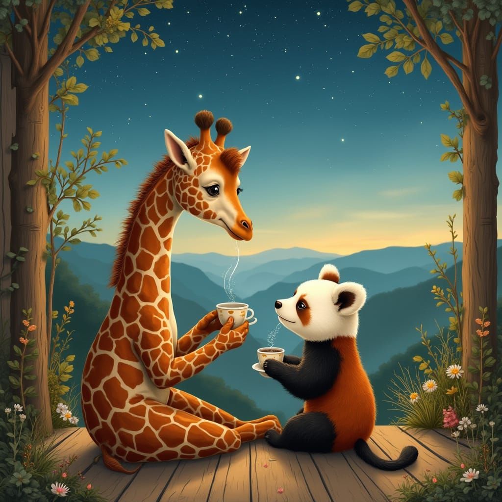 Baby Giraffe and Panda Stargazing on Porch