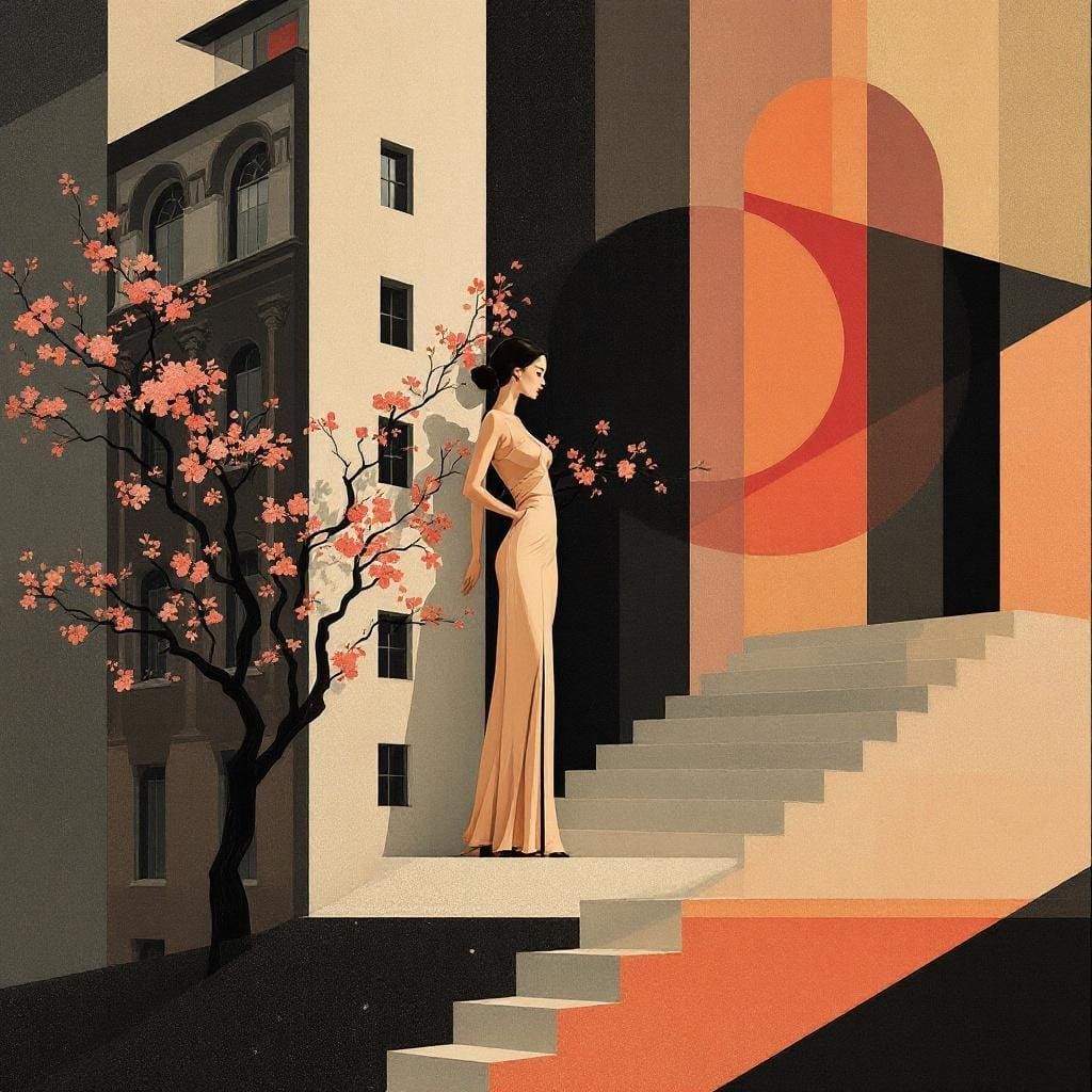 Art Deco Cherry Tree with Geometric Fragmentation
