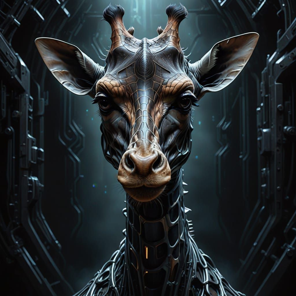 Cybernetic Giraffe in Dark, Futuristic Dreamscape