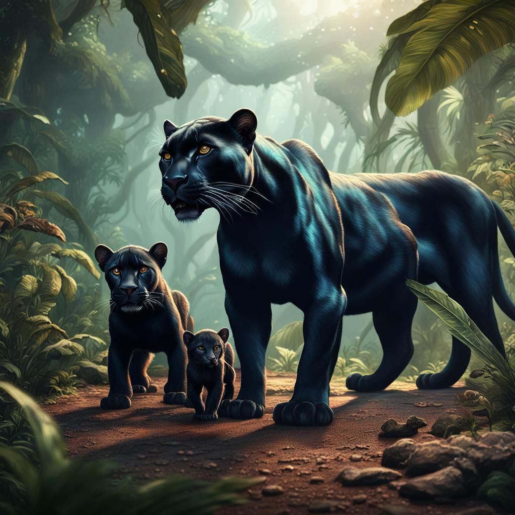 Panther and Cubs: Detailed Matte Painting in African Jungle