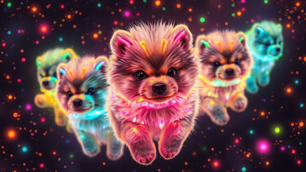 Glowing Gem-Encrusted Malamute Puppies in Neon Cosmos