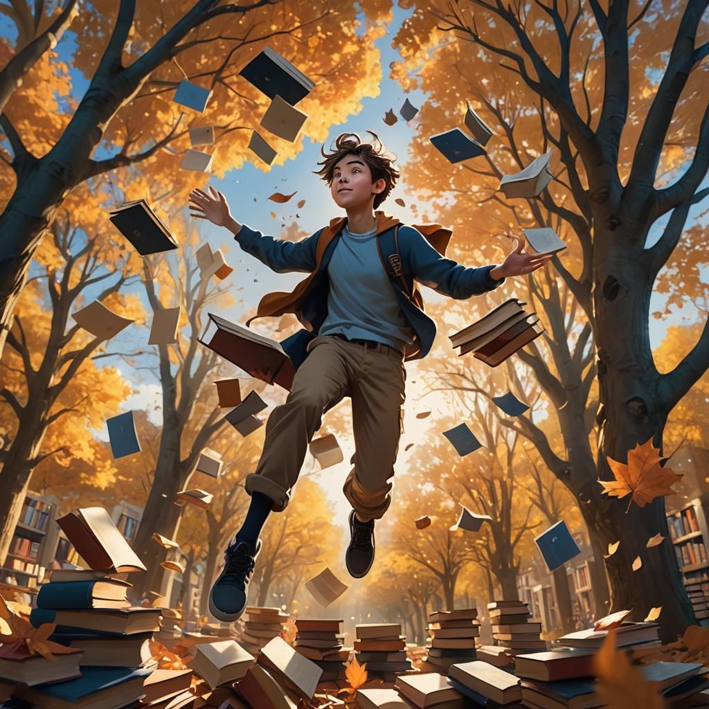 Student Carried by Books in Autumnal Forest
