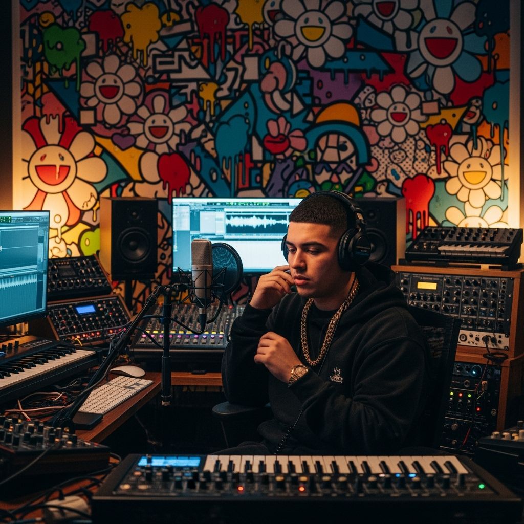 Rapper in Recording Studio with Street Art Mural