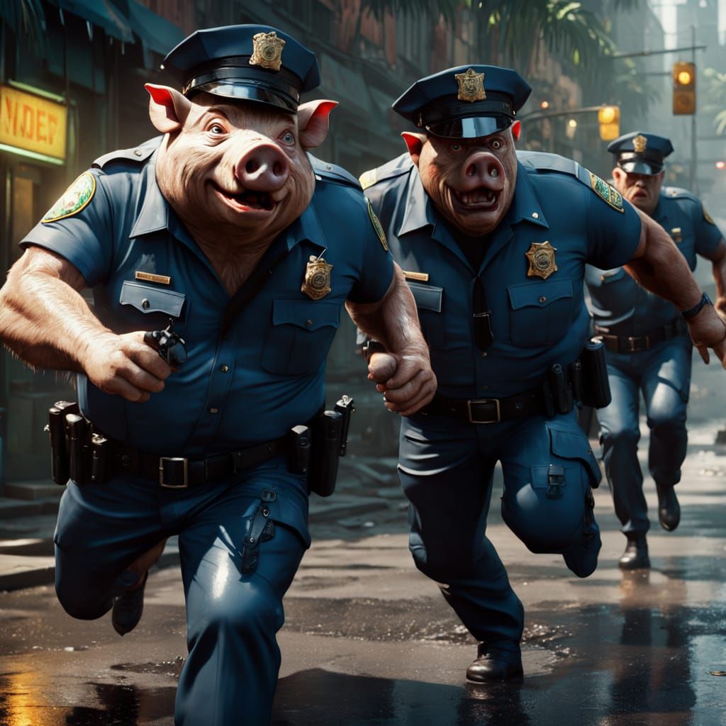 Grotesque Pig-Human Police Chase in Oil Painting Style