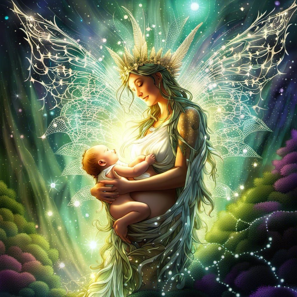Winged Fairy Goddess with Baby in Jungle Cave