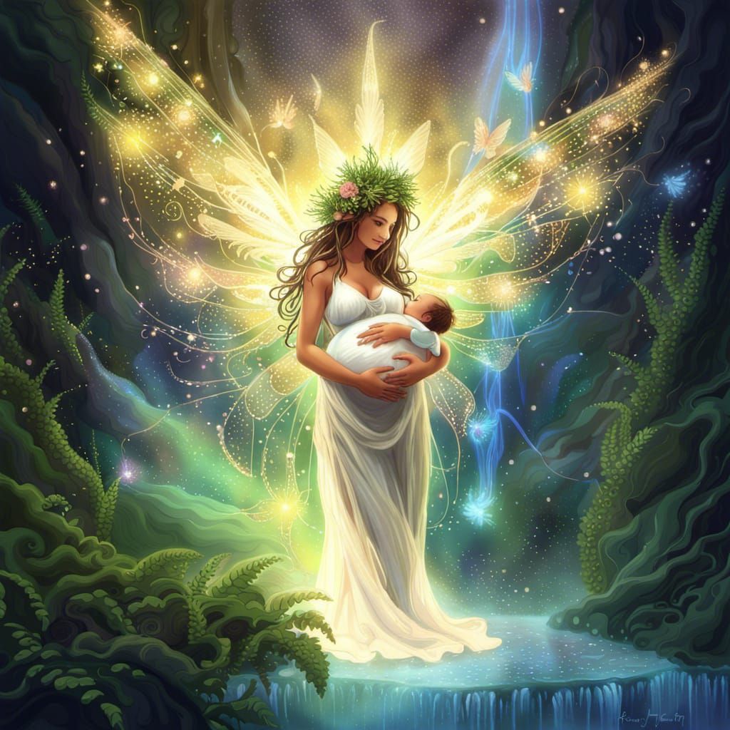 Fern-Crowned Fairy Goddess with Baby: Splatter Art