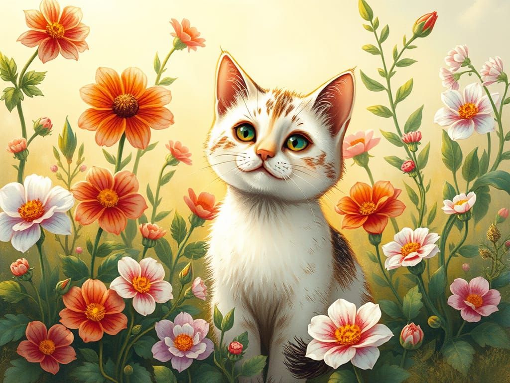 Whimsical Cat in a Sunny Flower Garden
