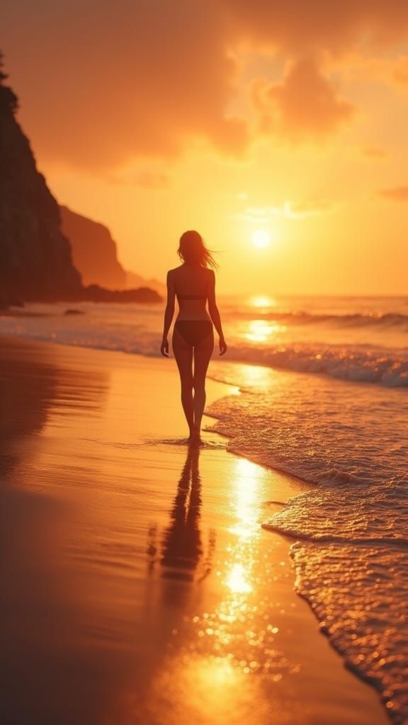 Woman Silhouetted at Sunset over Ocean