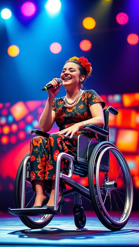 Energetic Singer in Wheelchair on Stage, Colorful Art