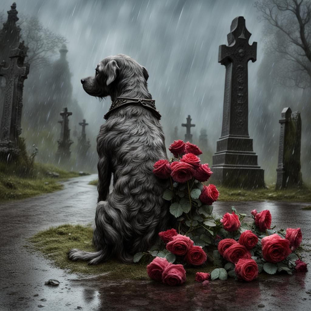 Gloomy Dog Mourns at Gravestone: Rackham-esque Art