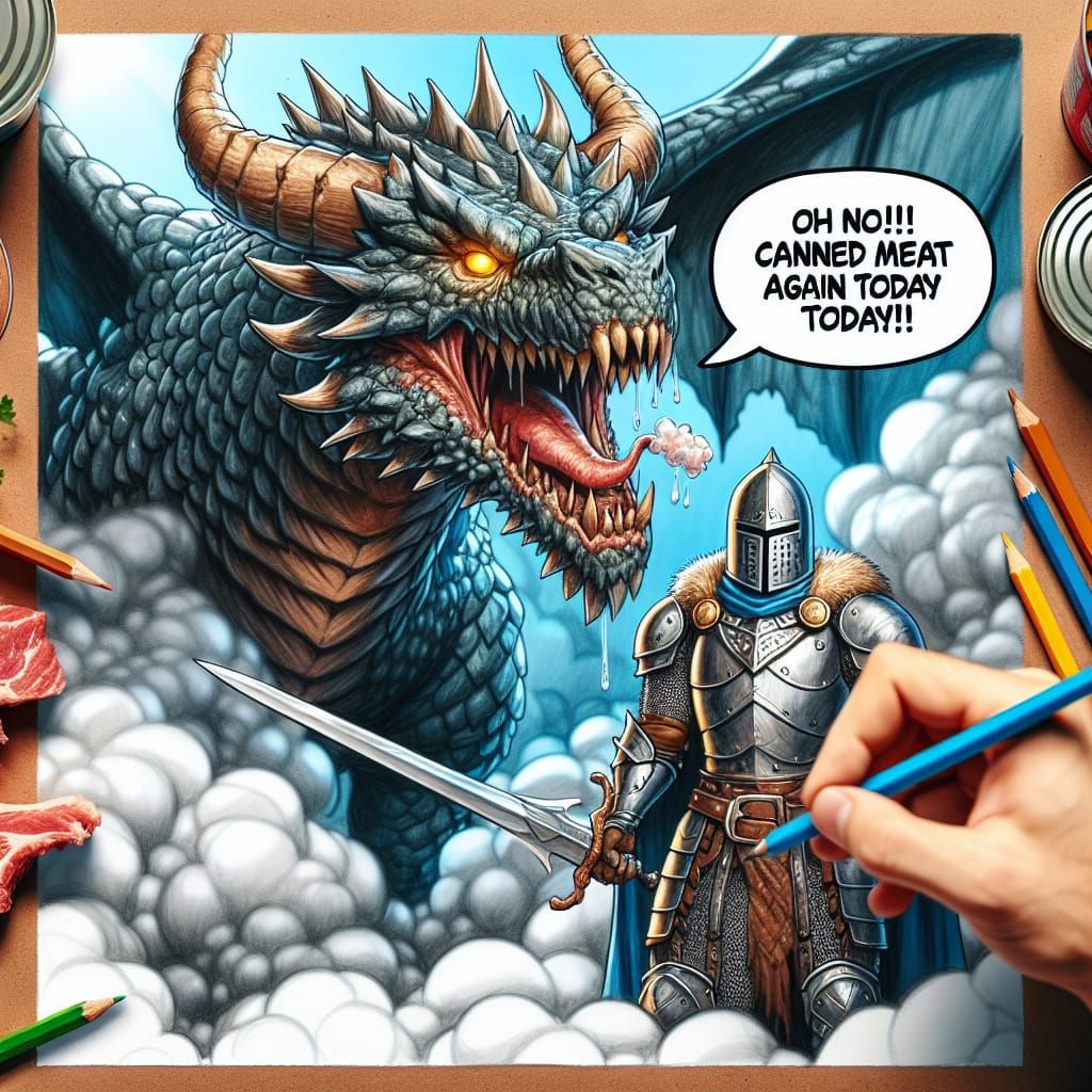 Cartoon Dragon's Canned Meat Lament in Photorealistic Style