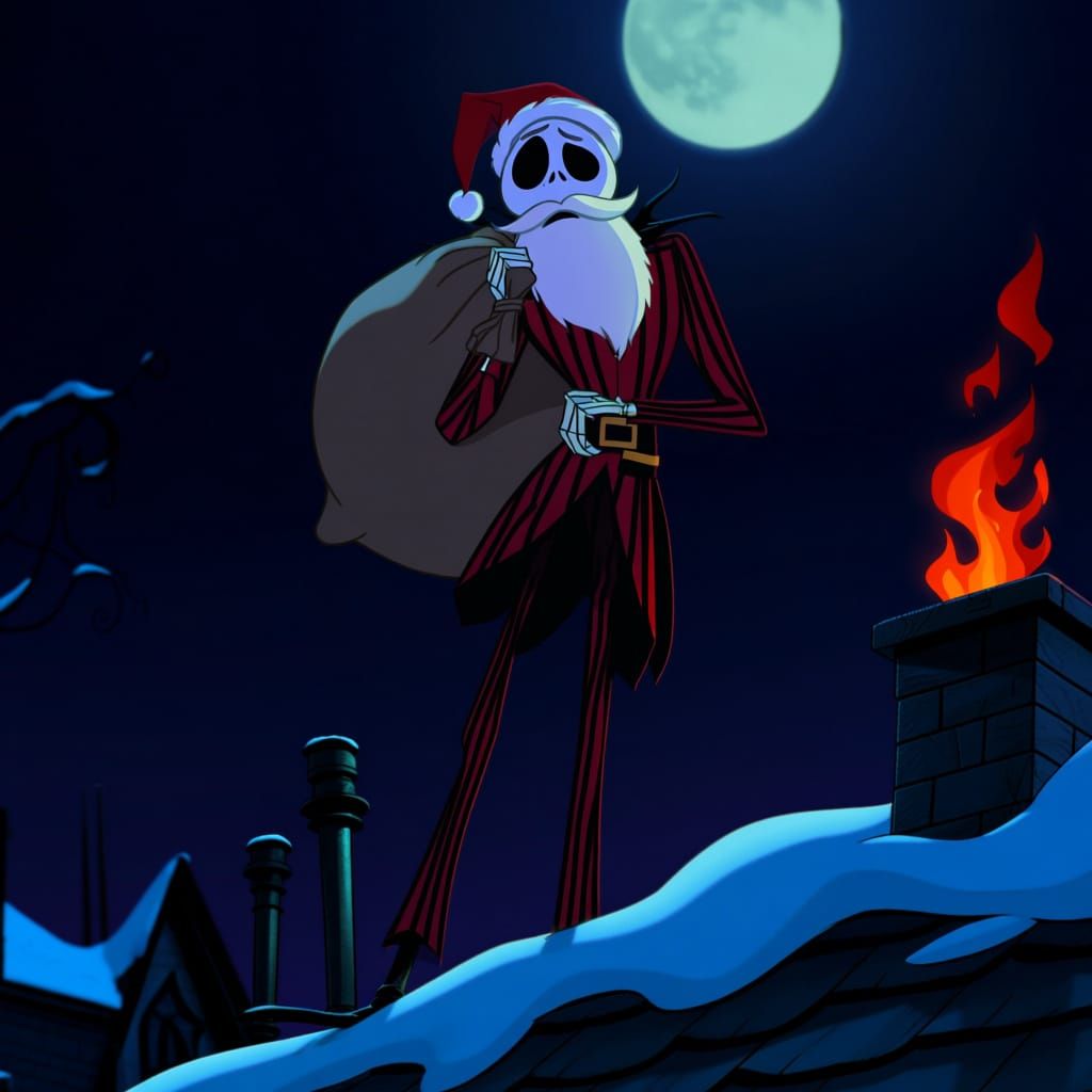 Jack Skellington as Santa Claus on Snowy Rooftop