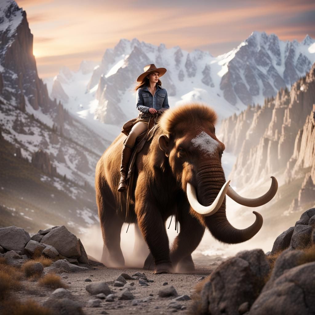 Cowgirl Rides Mammoth Through Mountain Landscape