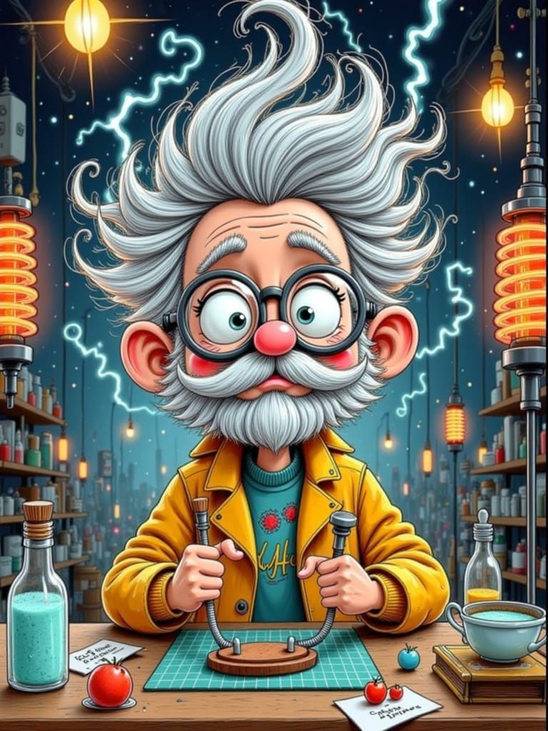 Mad Scientist Pulls Lever, Electricity Arcs in Cartoon Style