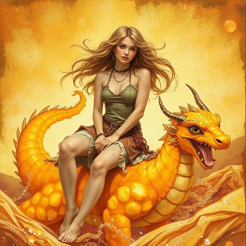 Woman on Gummy Dragon in Effervescent Soda Sea