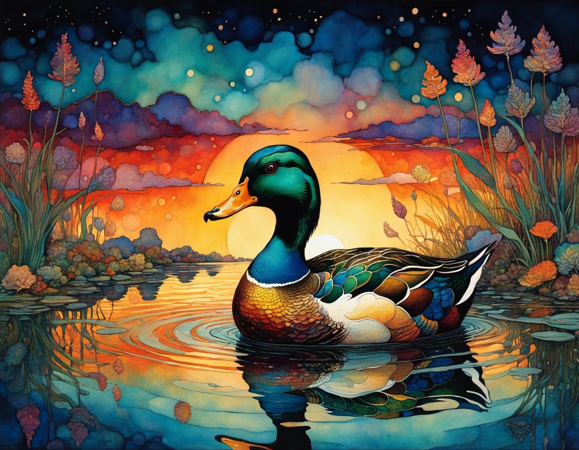 Whimsical Duck in Sunset Reflection, Alcohol Ink Art